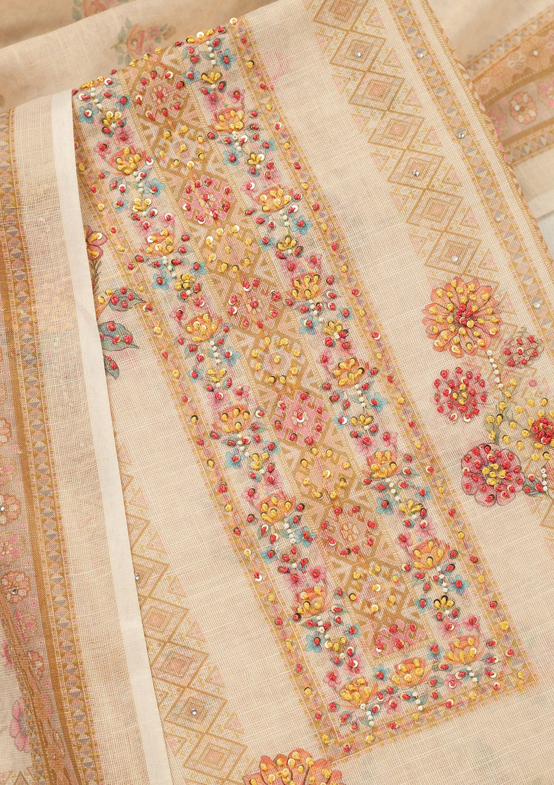 Cream Threadwork Linen Unstitched Salwar Suit