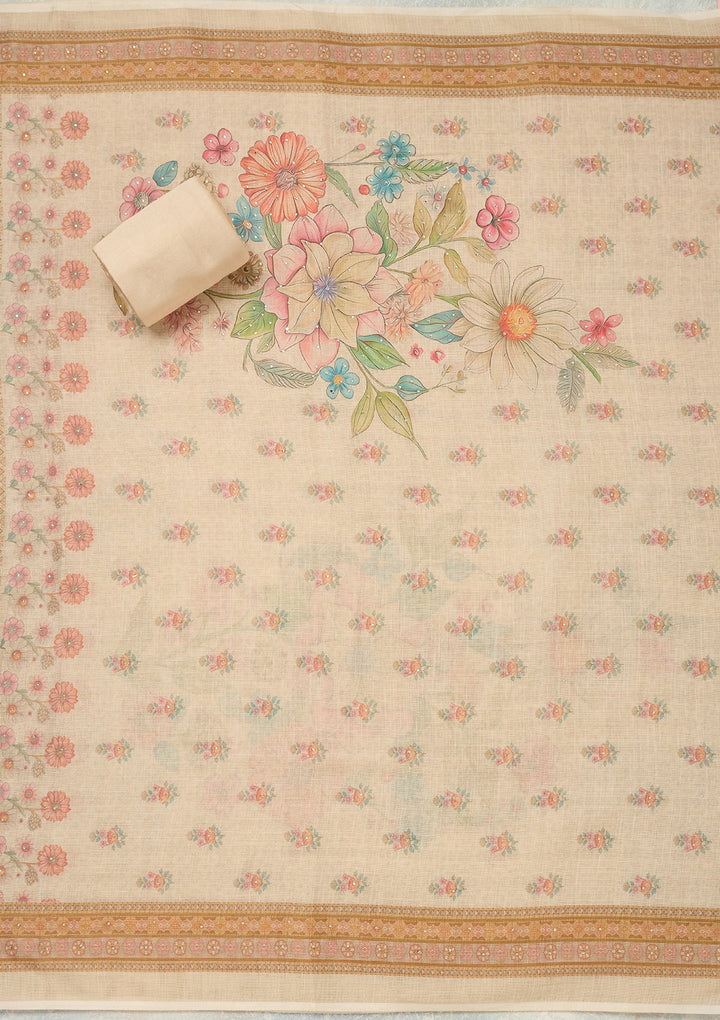 Cream Threadwork Linen Unstitched Salwar Suit