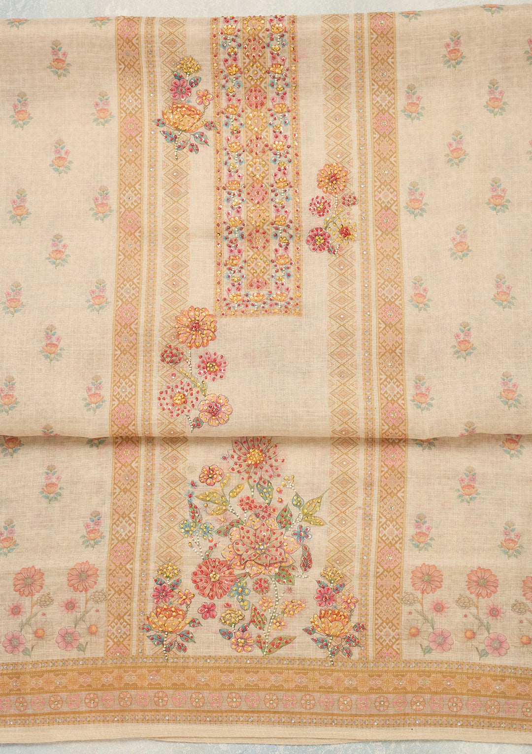 Cream Threadwork Linen Unstitched Salwar Suit