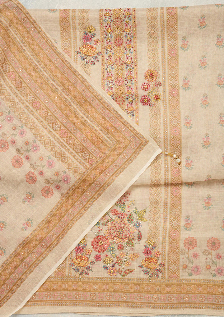 Cream Threadwork Linen Unstitched Salwar Suit