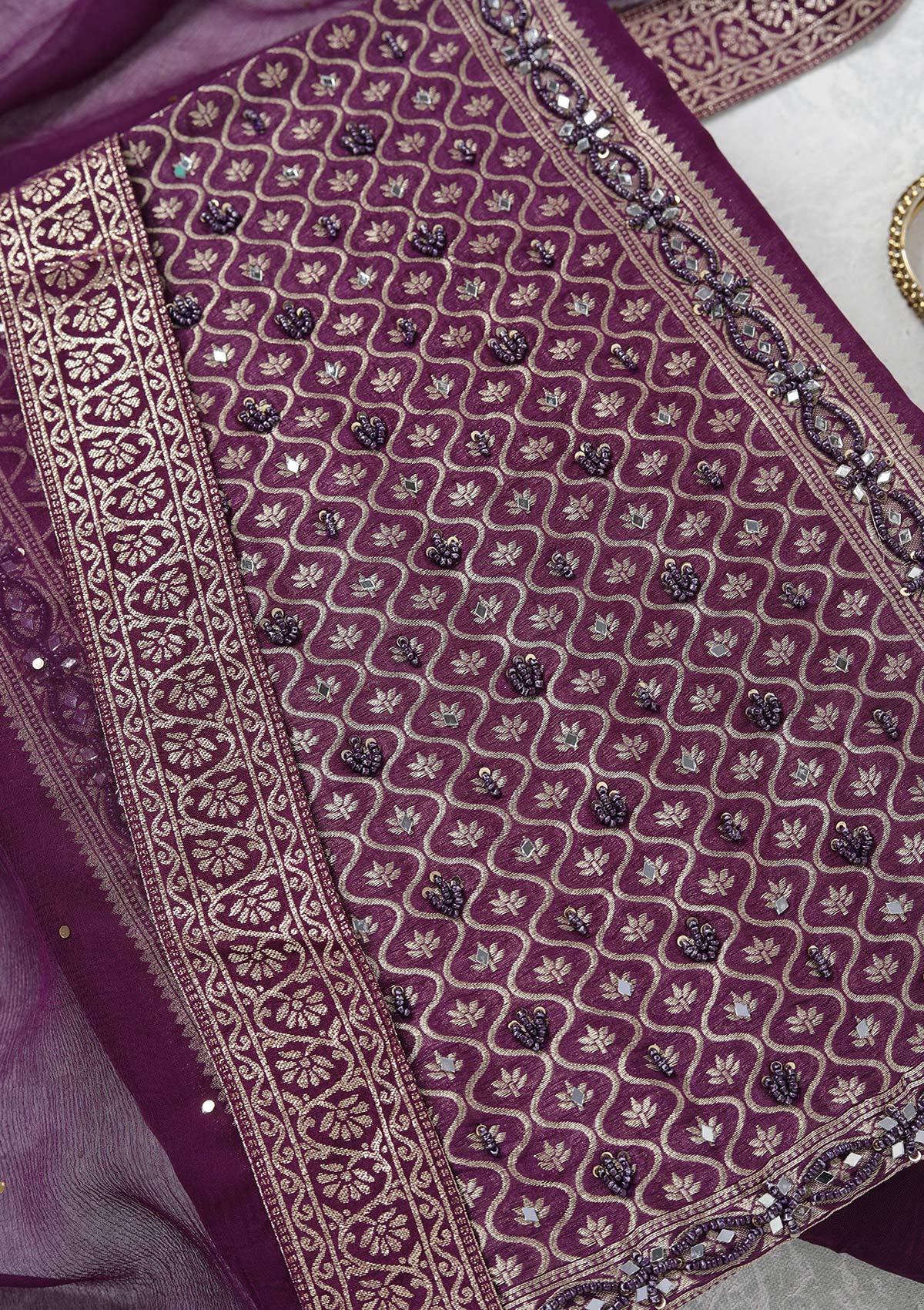 Purple Zariwork (Gold) Georgette Unstitched Salwar Suit-koskii