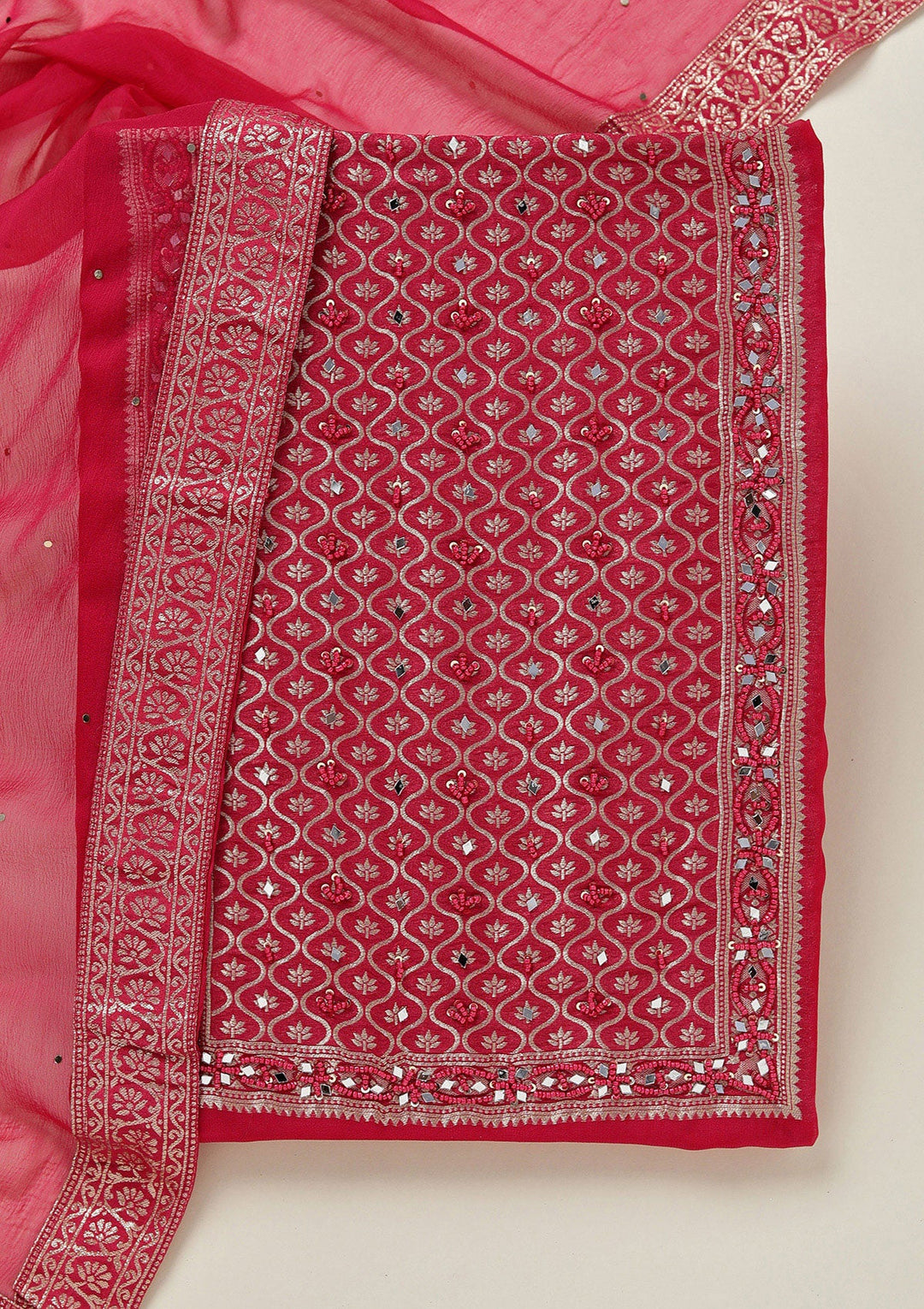 Rani Pink Zariwork (Gold) Georgette Unstitched Salwar Suit-koskii