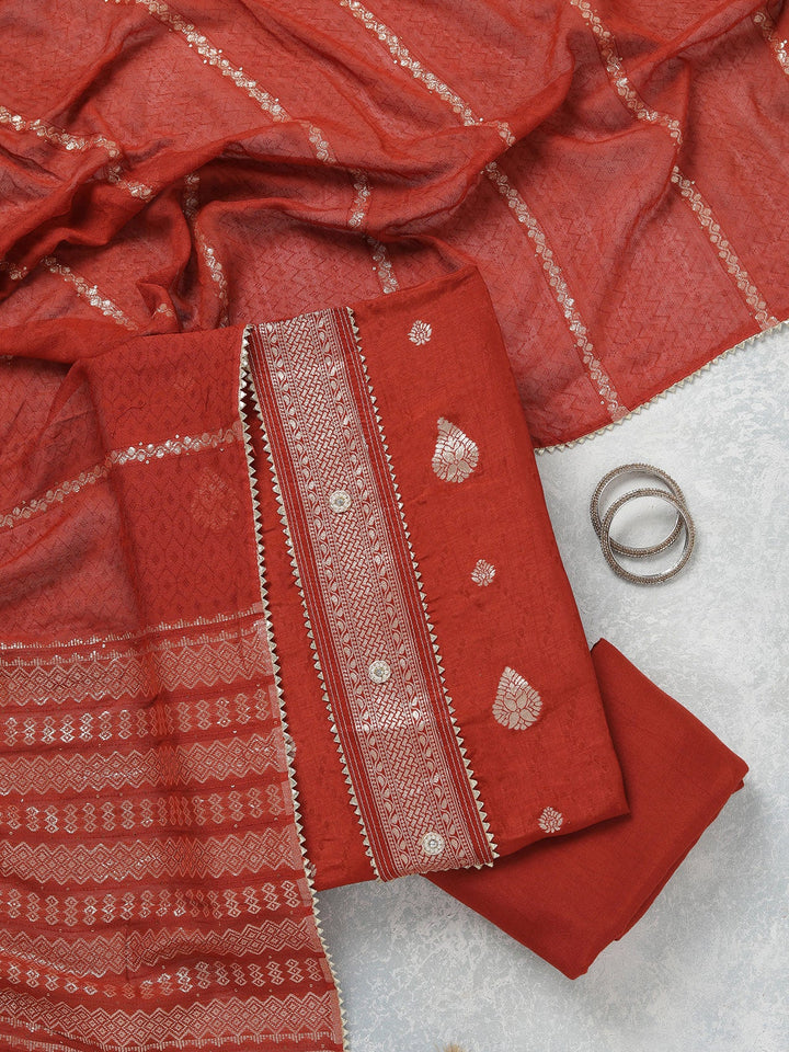 Rust Zariwork (Gold) Dola Silk Unstitched Salwar Suit-koskii