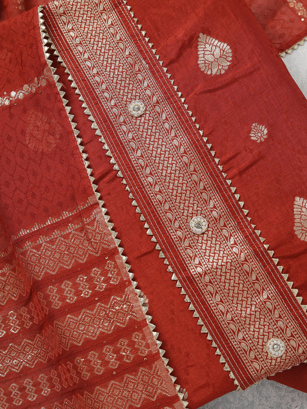 Rust Zariwork (Gold) Dola Silk Unstitched Salwar Suit-koskii