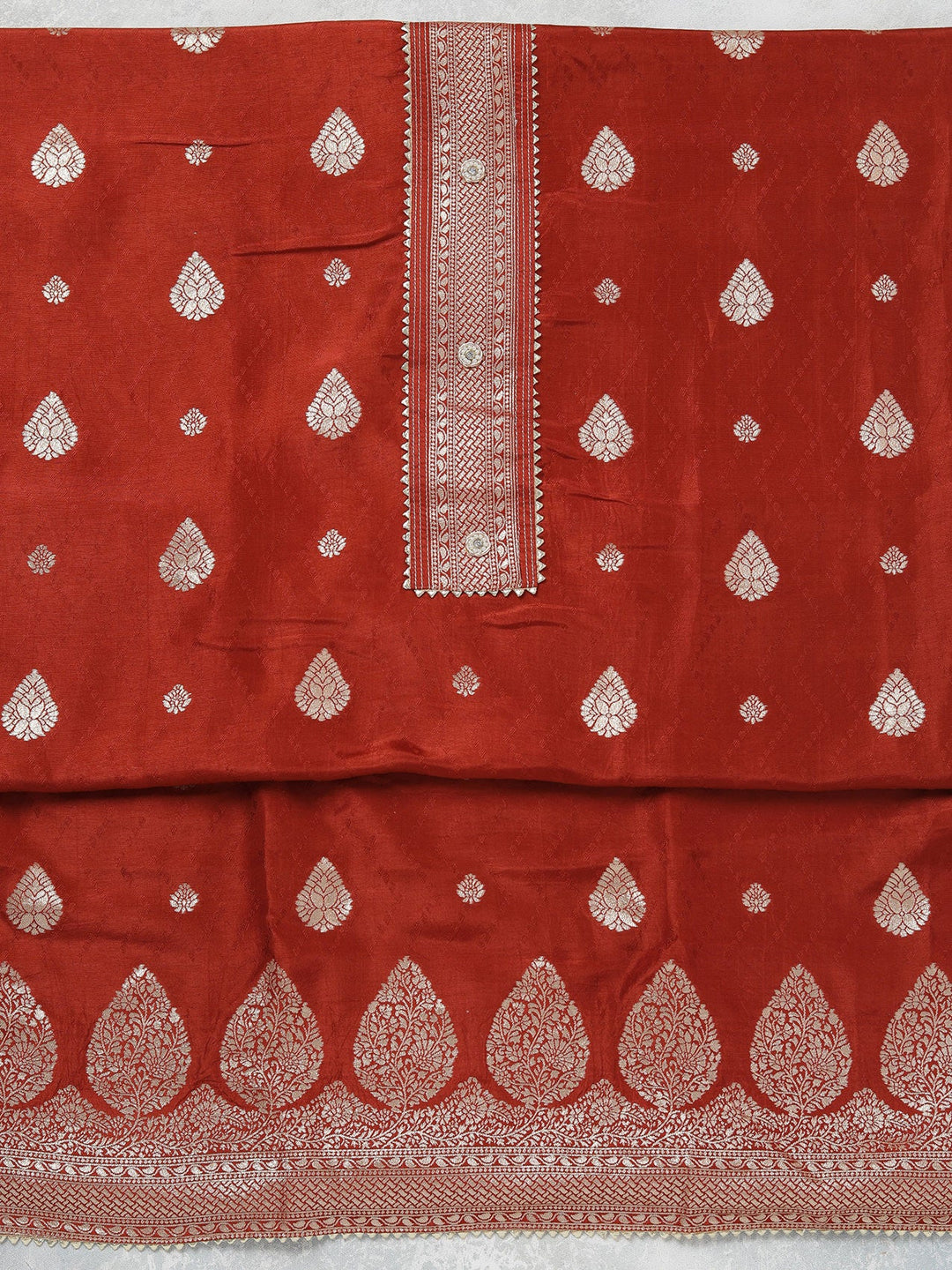 Rust Zariwork (Gold) Dola Silk Unstitched Salwar Suit-koskii