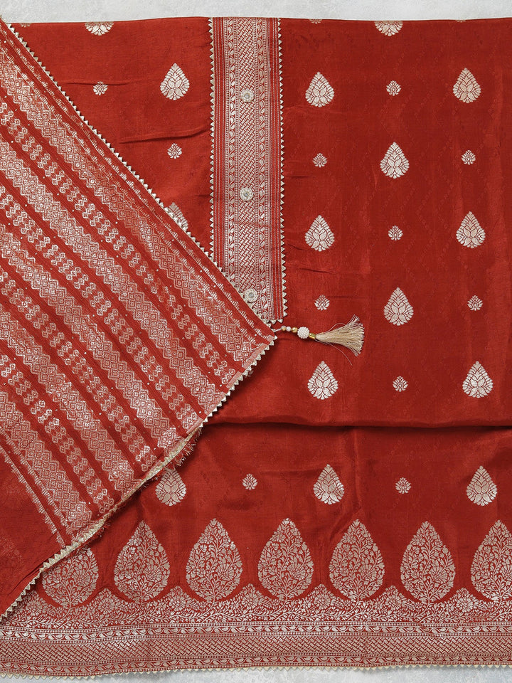 Rust Zariwork (Gold) Dola Silk Unstitched Salwar Suit-koskii