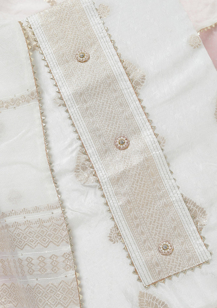 White Zariwork (Gold) Dola Silk Unstitched Salwar Suit-koskii