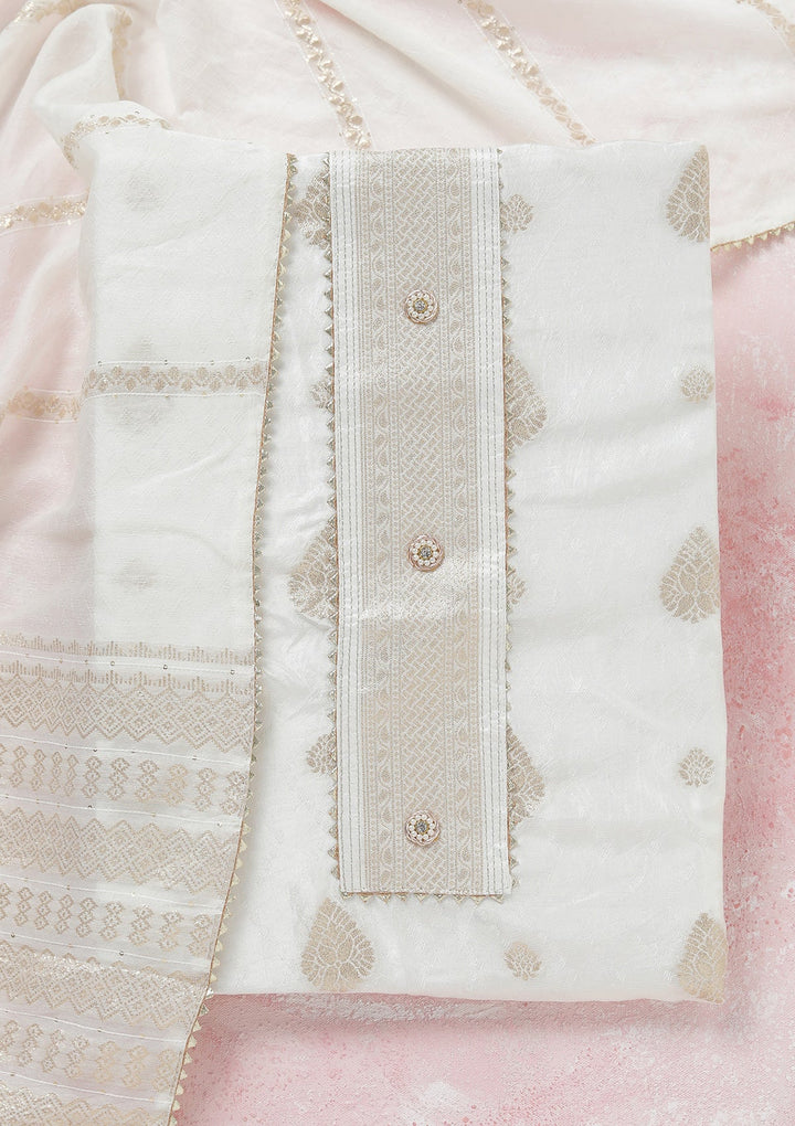 White Zariwork (Gold) Dola Silk Unstitched Salwar Suit-koskii