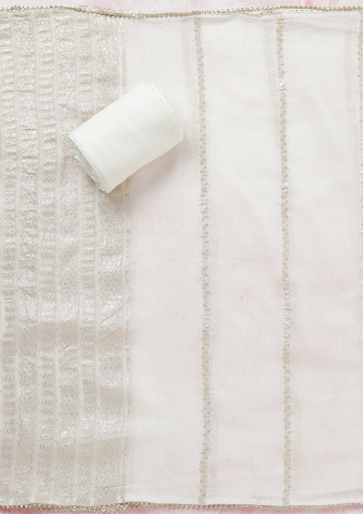 White Zariwork (Gold) Dola Silk Unstitched Salwar Suit-koskii