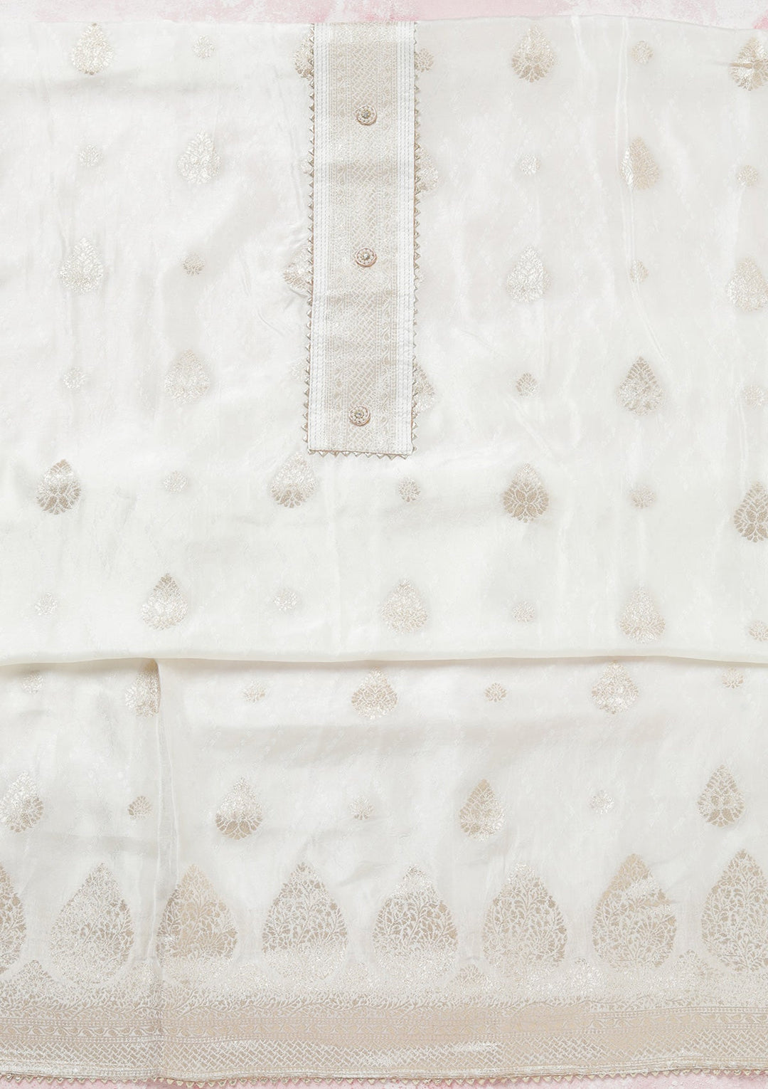 White Zariwork (Gold) Dola Silk Unstitched Salwar Suit-koskii