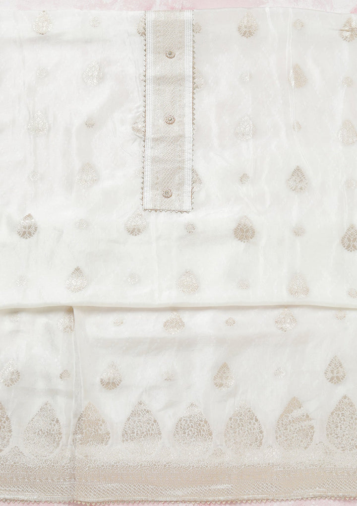 White Zariwork (Gold) Dola Silk Unstitched Salwar Suit-koskii