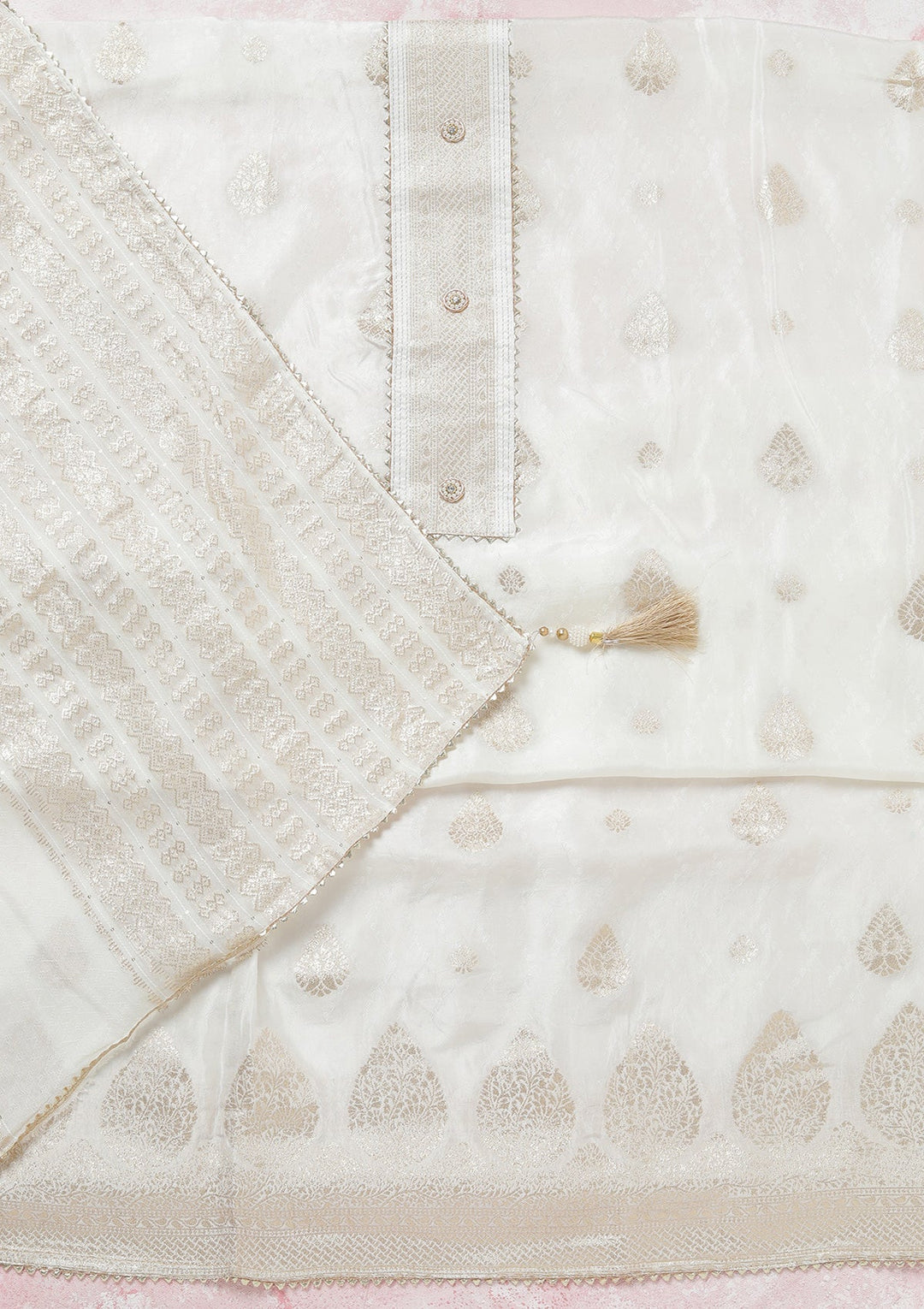 White Zariwork (Gold) Dola Silk Unstitched Salwar Suit-koskii