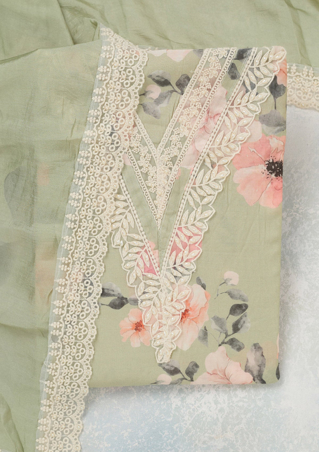 Pista Green Threadwork Crepe Unstitched Salwar Suit_koskii