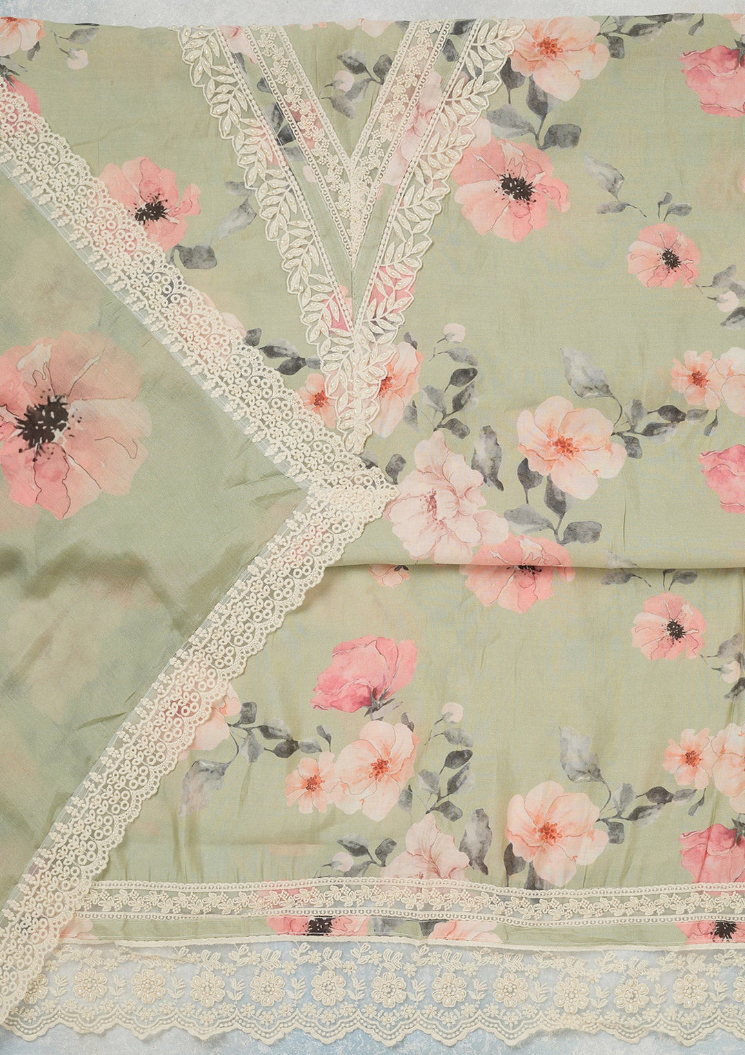 Pista Green Threadwork Crepe Unstitched Salwar Suit_koskii