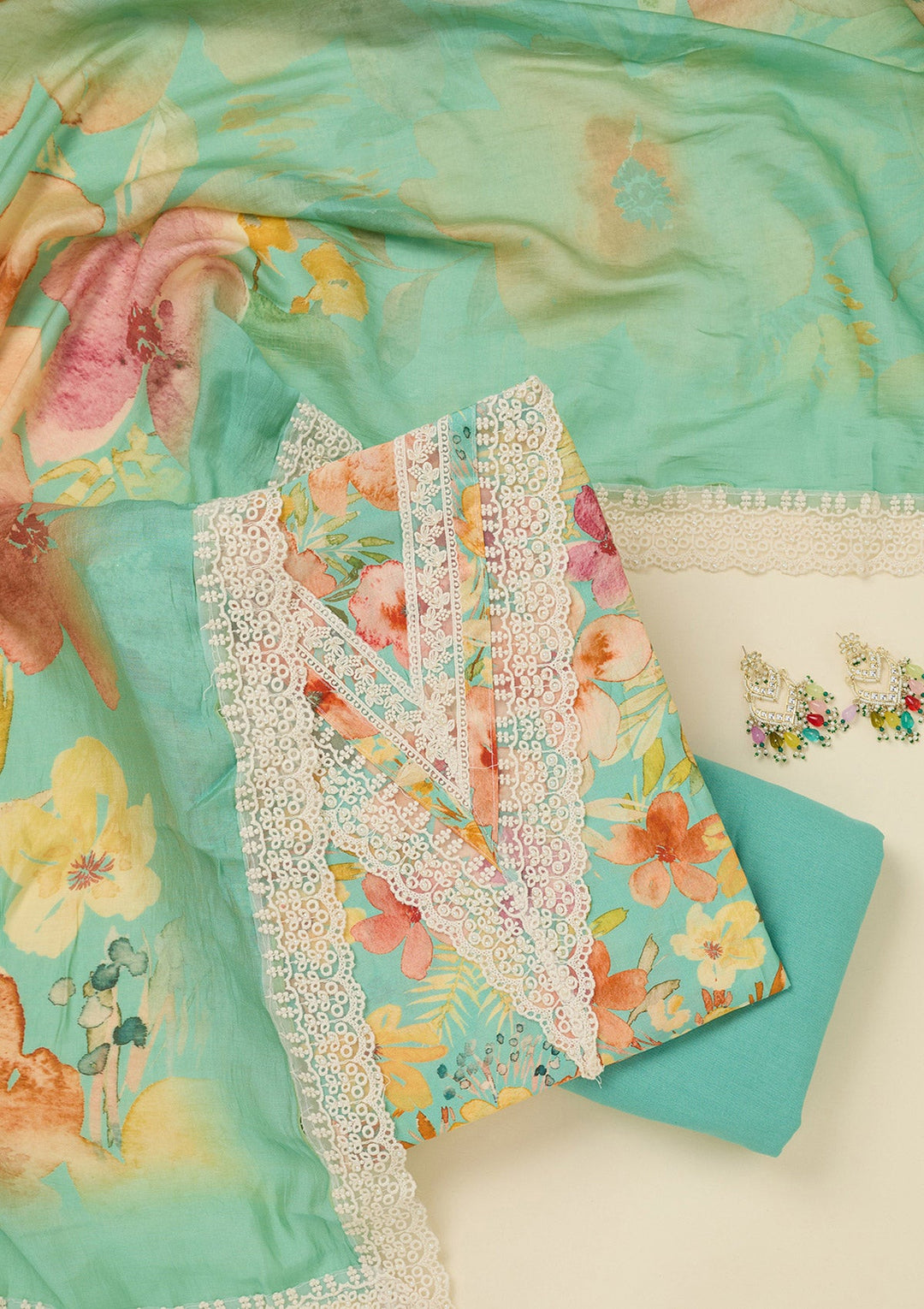 Sea Green Threadwork Semi Crepe Unstitched Salwar Suit_koskii