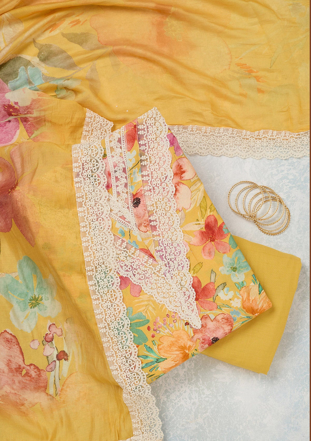 Yellow Threadwork Semi Crepe Unstitched Salwar Suit_koskii