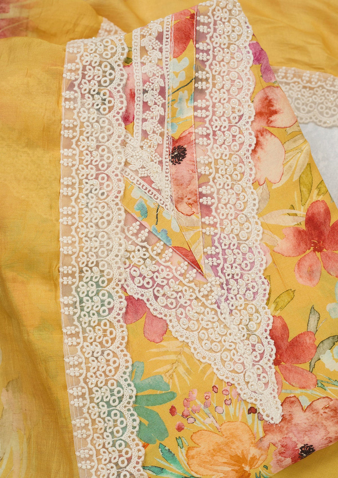 Yellow Threadwork Semi Crepe Unstitched Salwar Suit_koskii