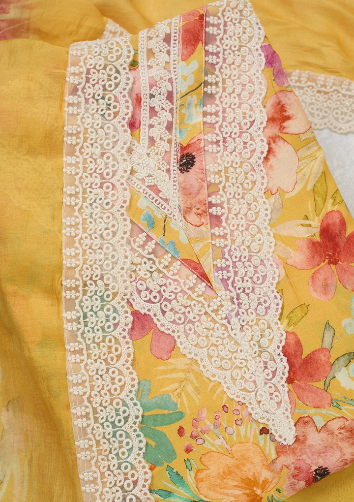 Yellow Threadwork Semi Crepe Unstitched Salwar Suit_koskii