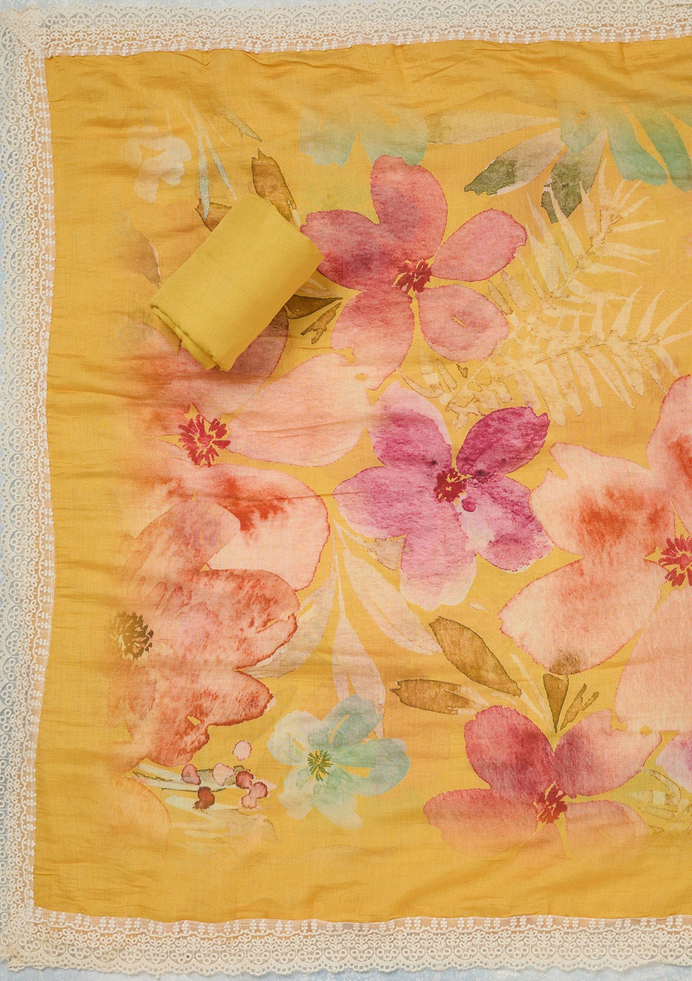 Yellow Threadwork Semi Crepe Unstitched Salwar Suit_koskii