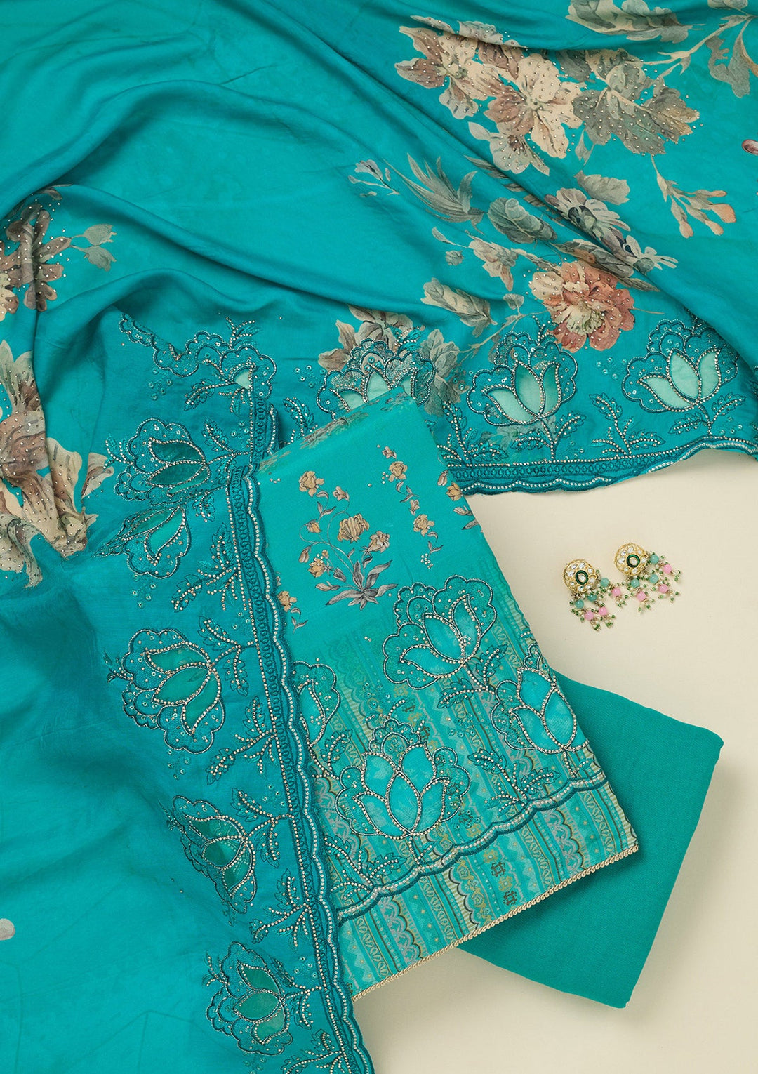 Turquoise Blue Stonework (Gold) Crepe Unstitched Salwar Suit_koskii