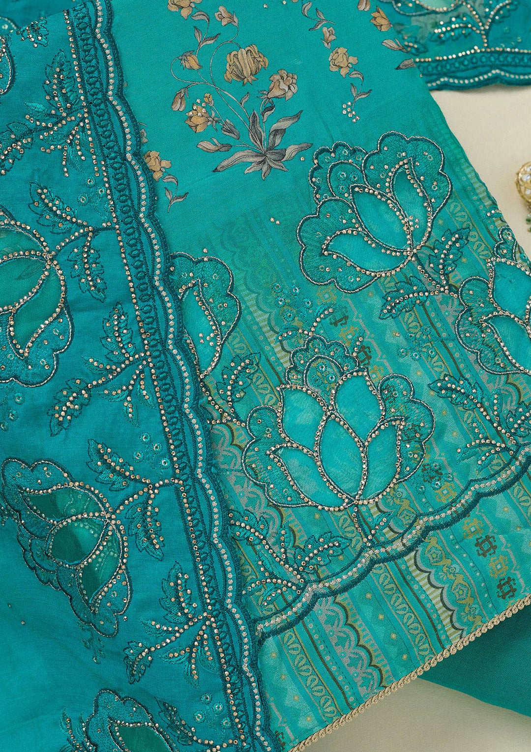 Turquoise Blue Stonework (Gold) Crepe Unstitched Salwar Suit_koskii