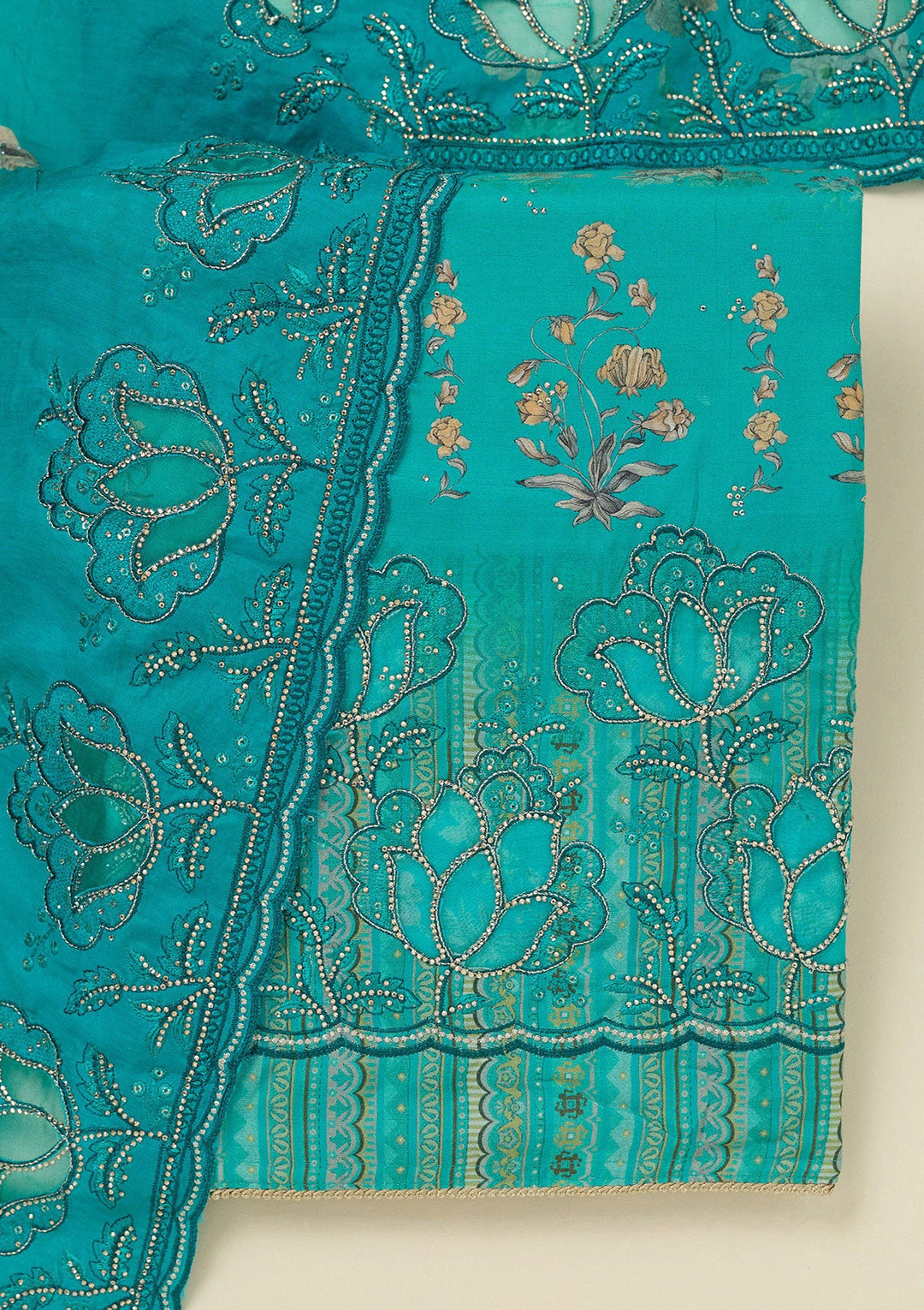 Turquoise Blue Stonework (Gold) Crepe Unstitched Salwar Suit_koskii