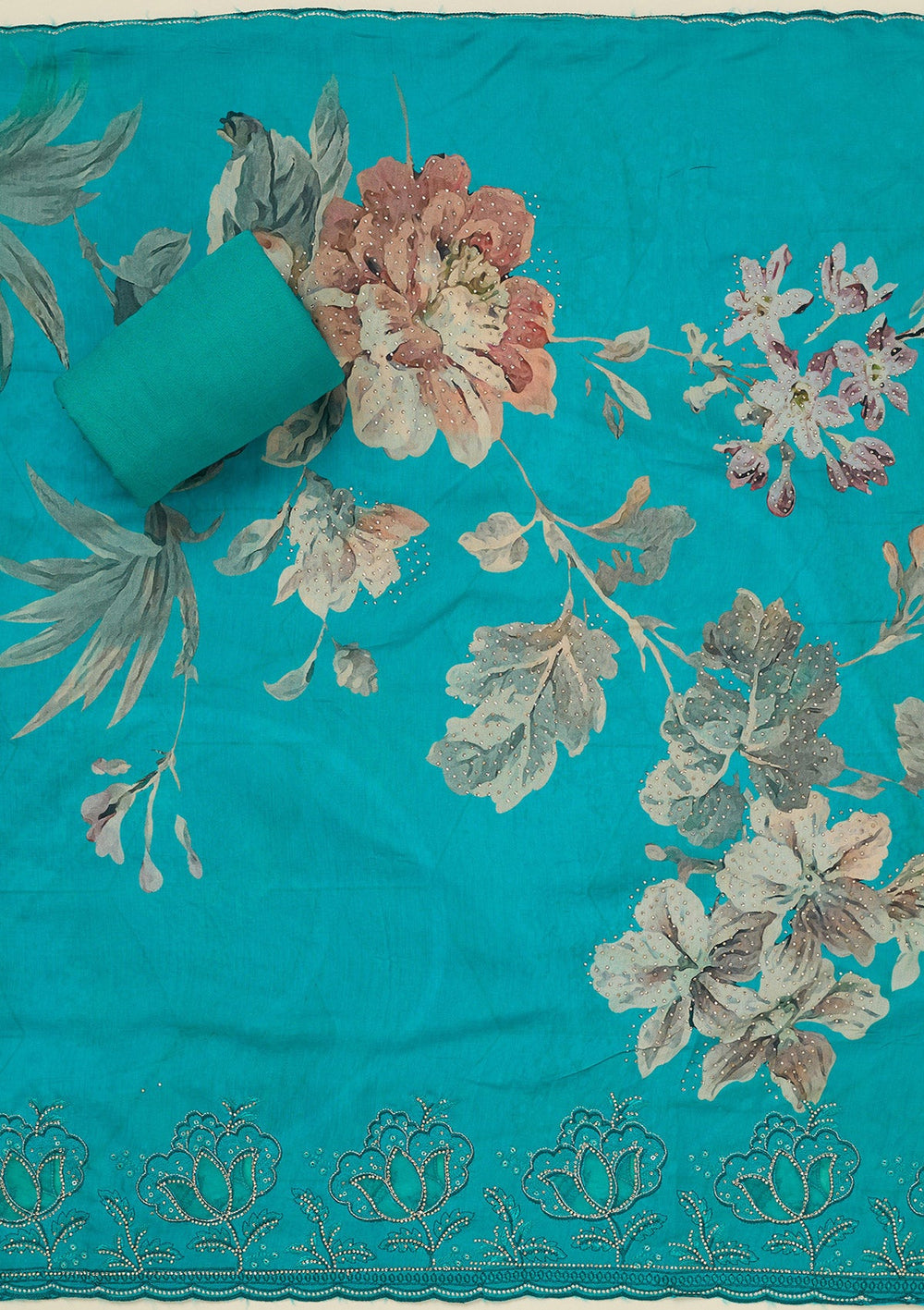 Turquoise Blue Stonework (Gold) Crepe Unstitched Salwar Suit_koskii