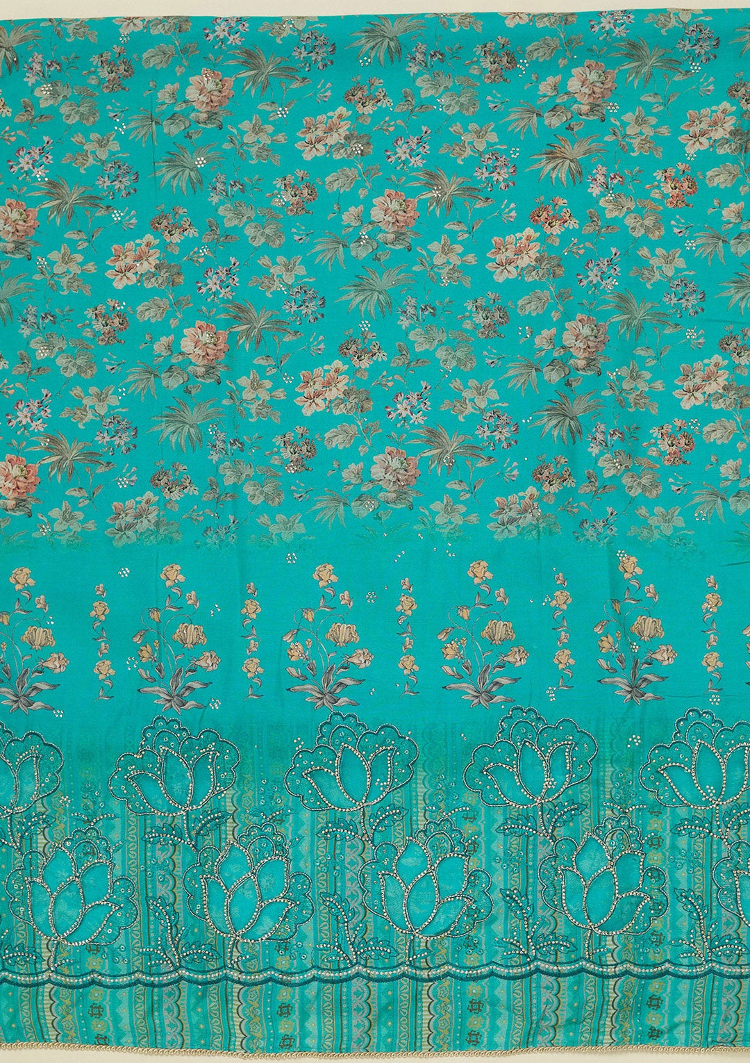 Turquoise Blue Stonework (Gold) Crepe Unstitched Salwar Suit_koskii