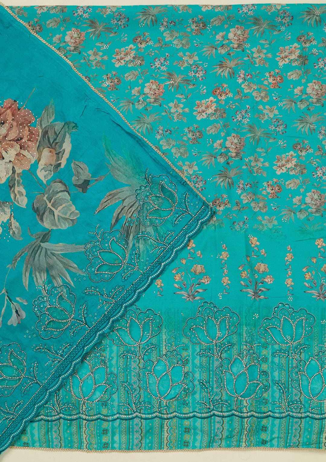 Turquoise Blue Stonework (Gold) Crepe Unstitched Salwar Suit_koskii