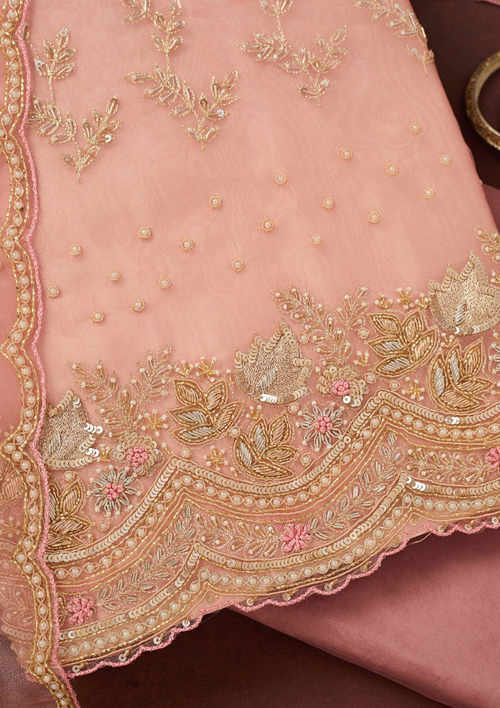 Pink Cutdana Organza Unstitched Salwar Suit-Koskii