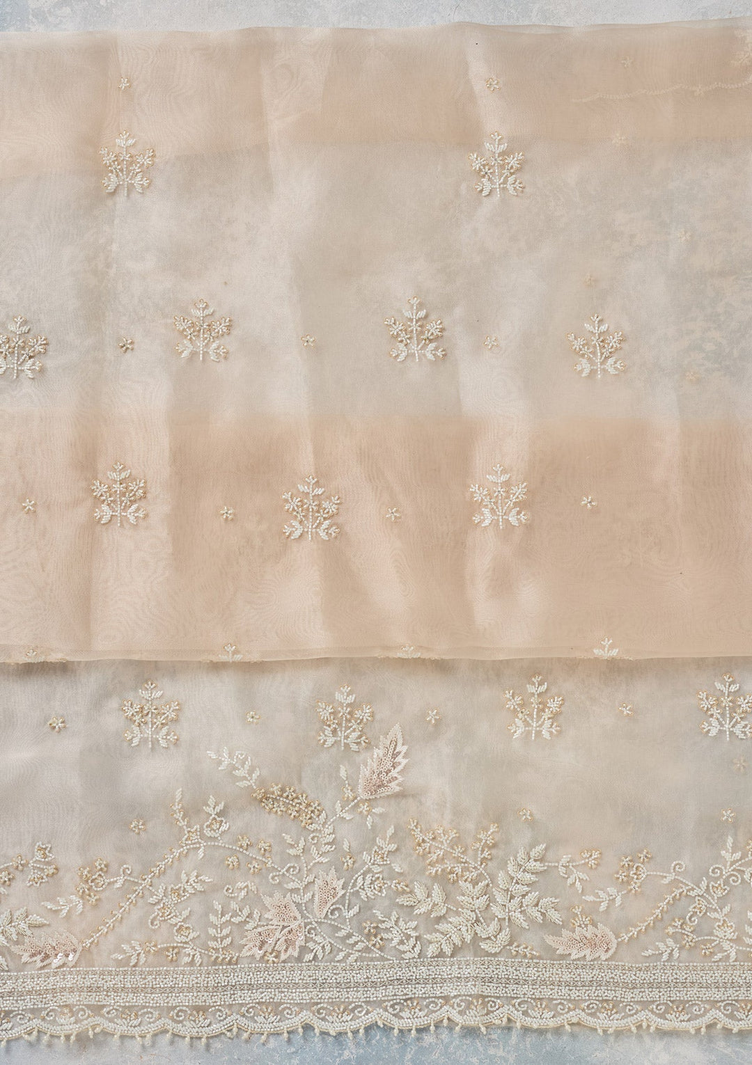 Off White Threadwork Organza Unstitched Salwar Suit