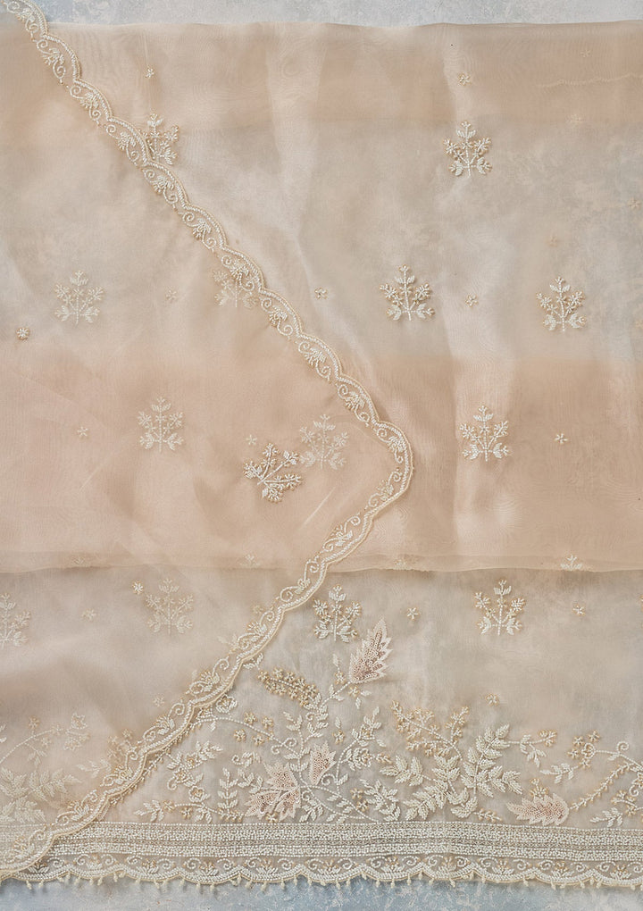 Off White Threadwork Organza Unstitched Salwar Suit