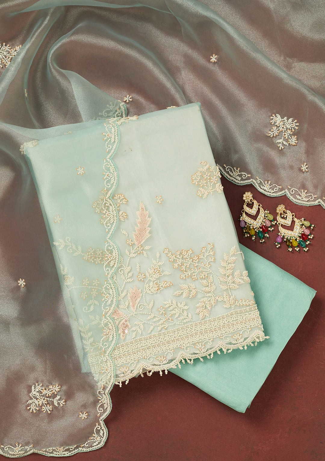 Sky Blue Cutdana Organza Unstitched Salwar Suit-Koskii