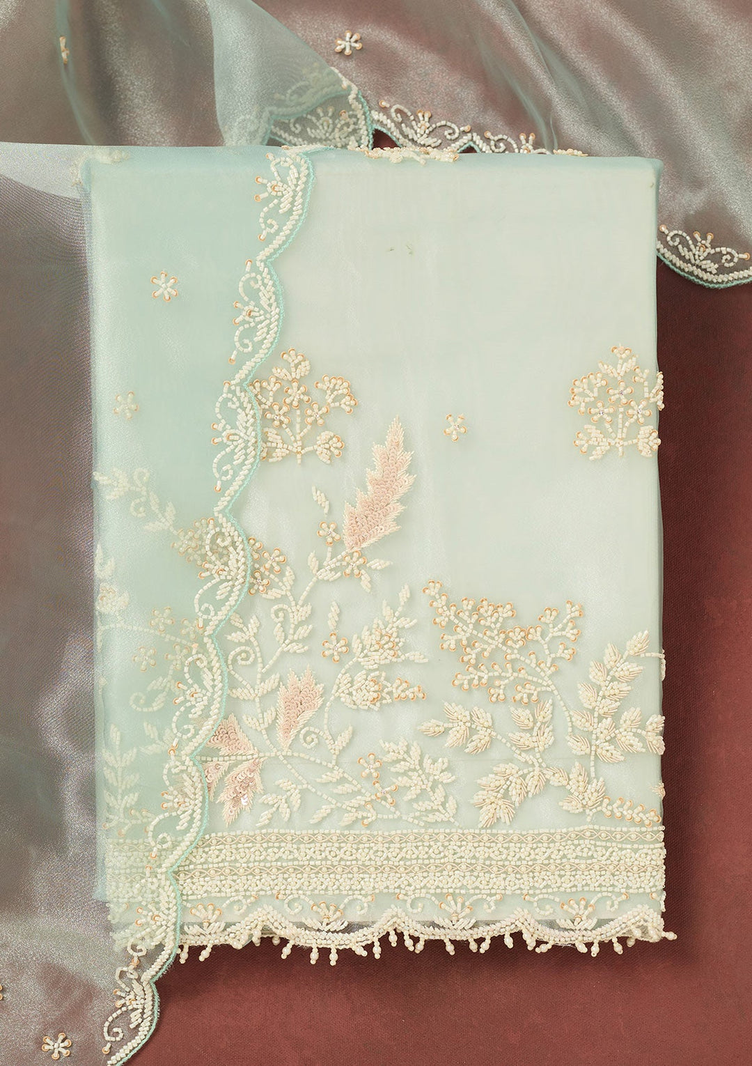 Sky Blue Cutdana Organza Unstitched Salwar Suit-Koskii