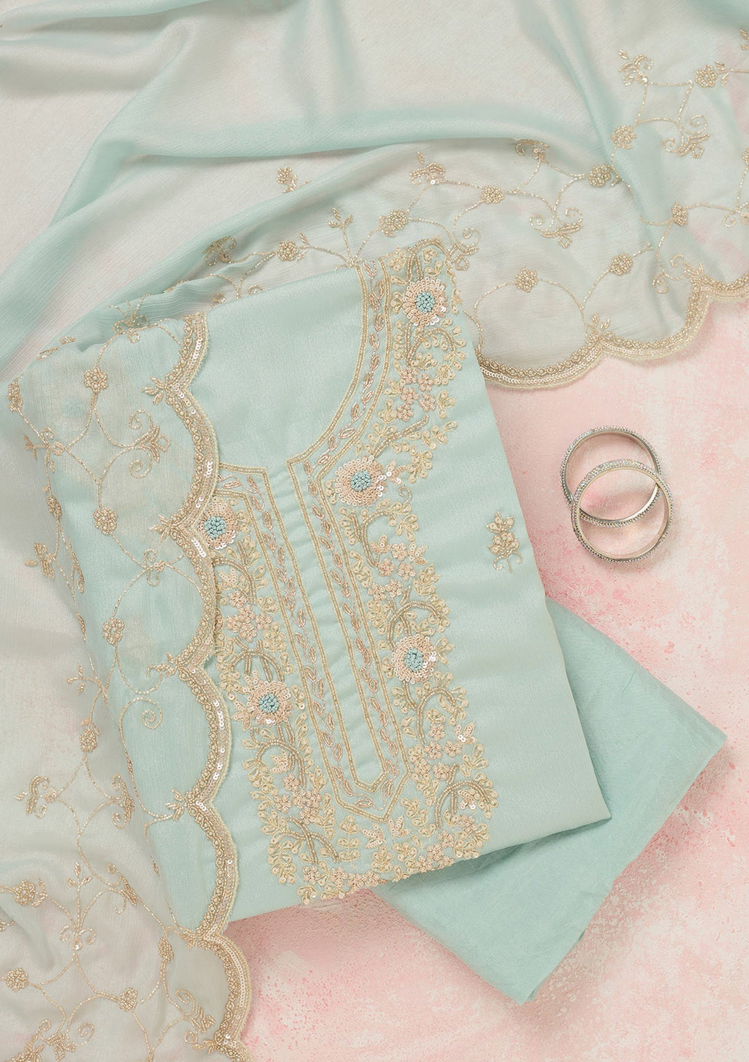 Sky Blue Cutdana Chinon Unstitched Salwar Suit-koskii