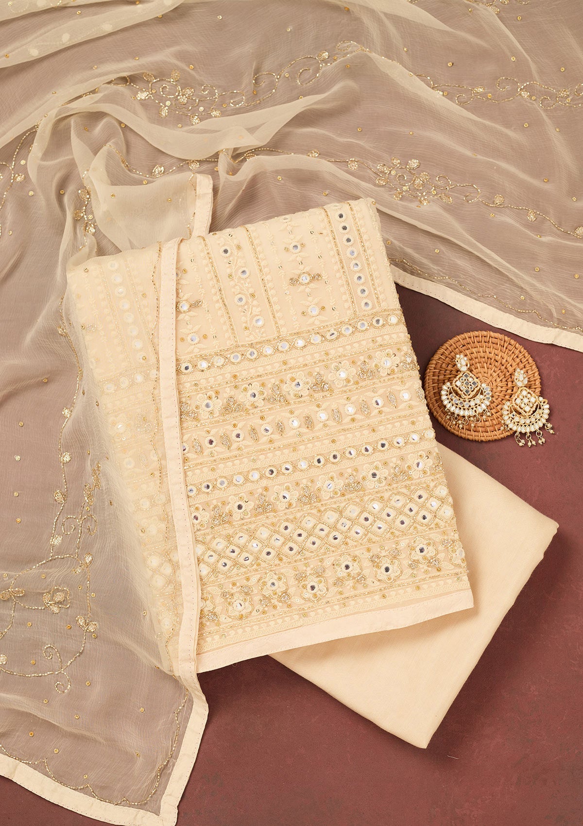 Cream Cutdana Georgette Unstitched Salwar Suit-Koskii