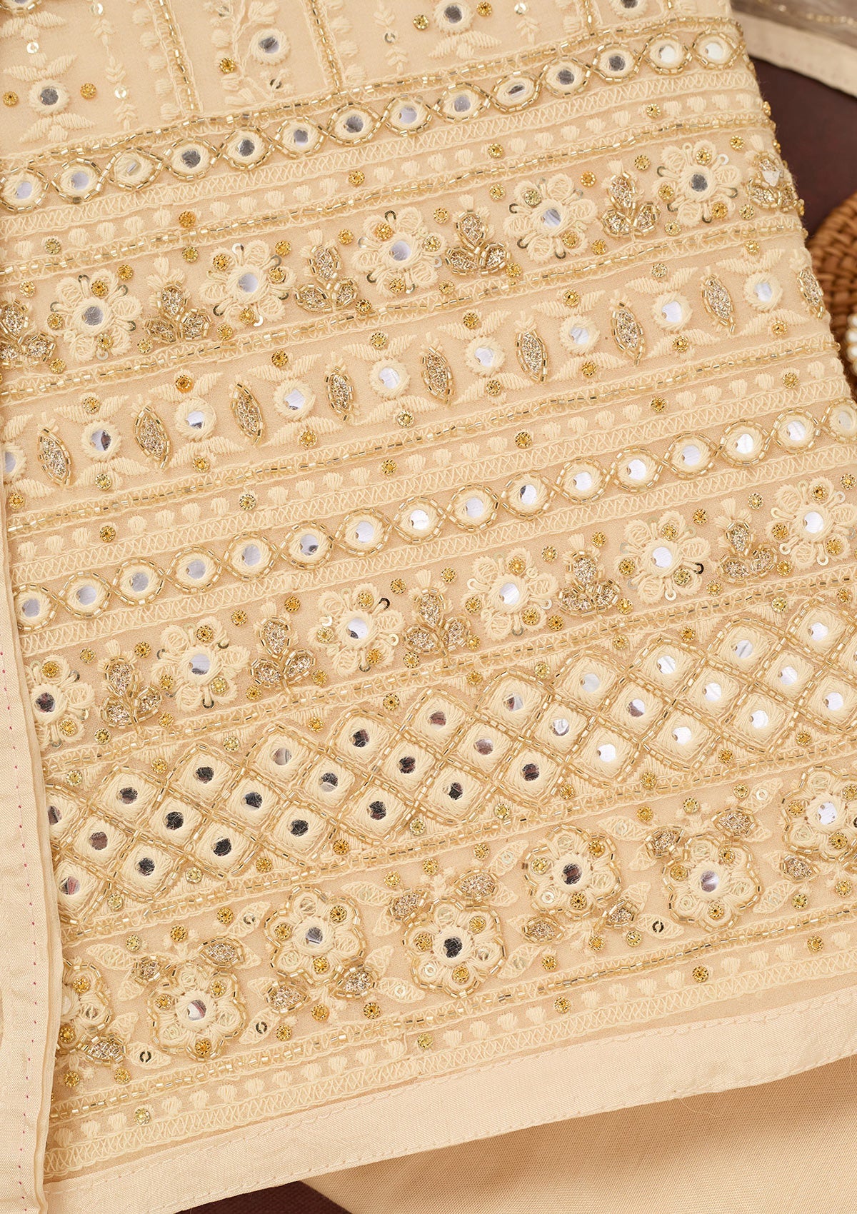 Cream Cutdana Georgette Unstitched Salwar Suit-Koskii