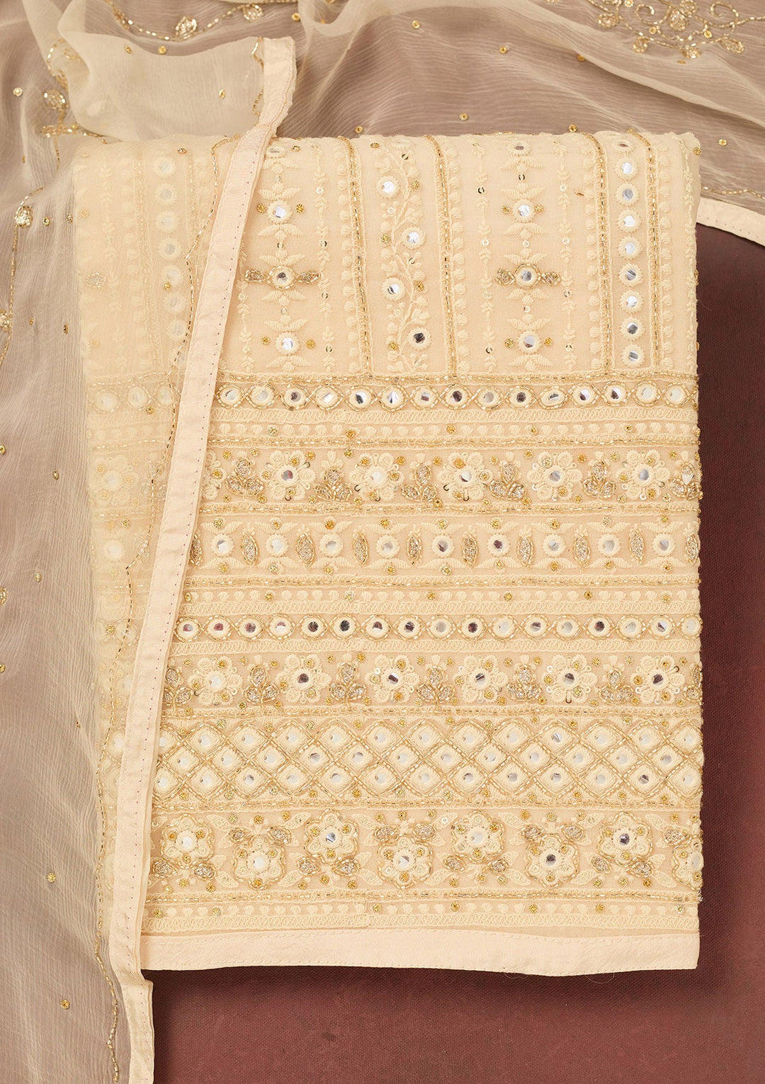 Cream Cutdana Georgette Unstitched Salwar Suit-Koskii