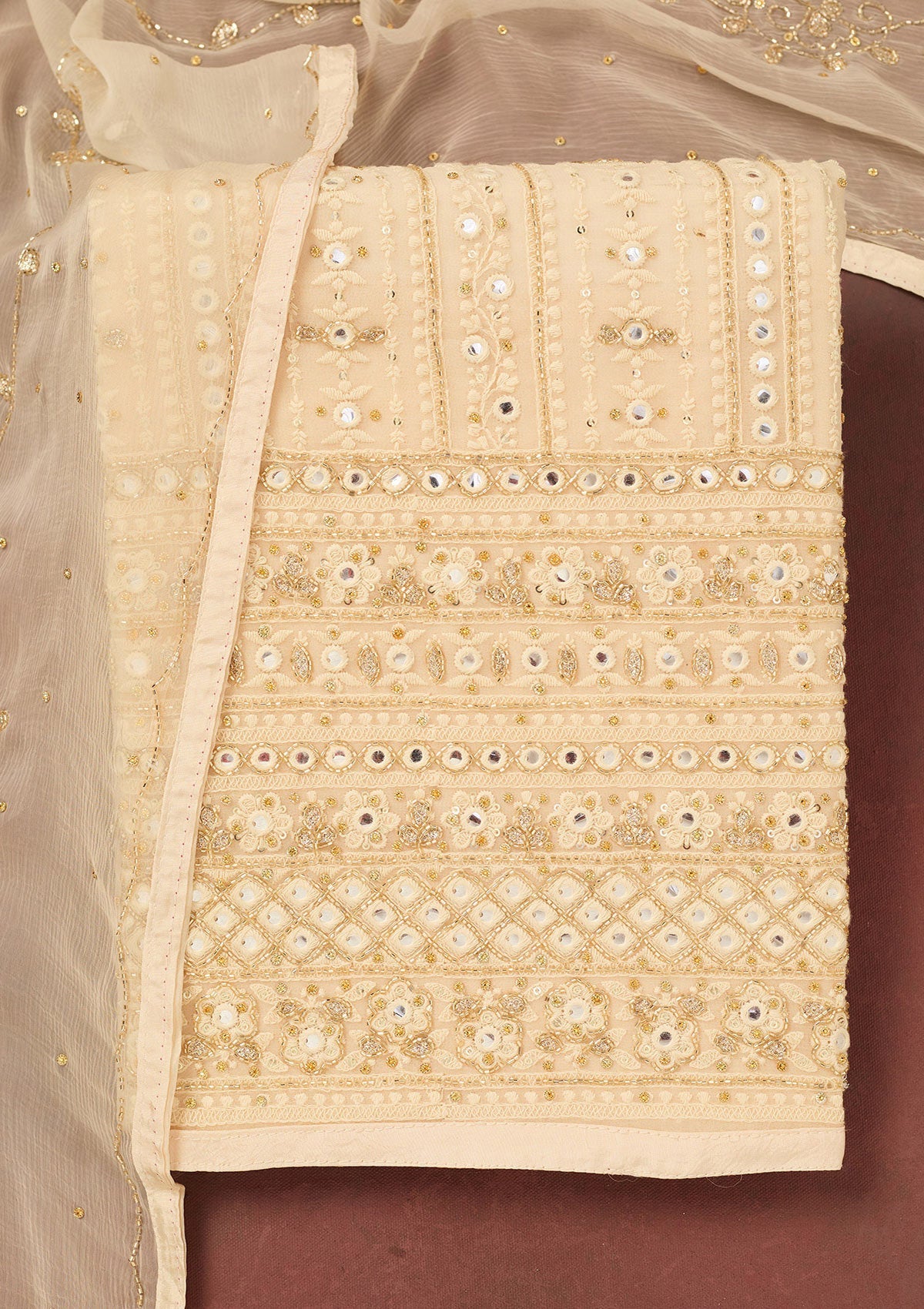 Cream Cutdana Georgette Unstitched Salwar Suit-Koskii
