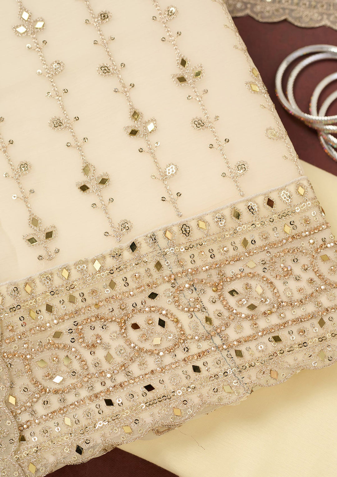 Cream Zariwork (Gold) Chinon Unstitched Salwar Suit-Koskii