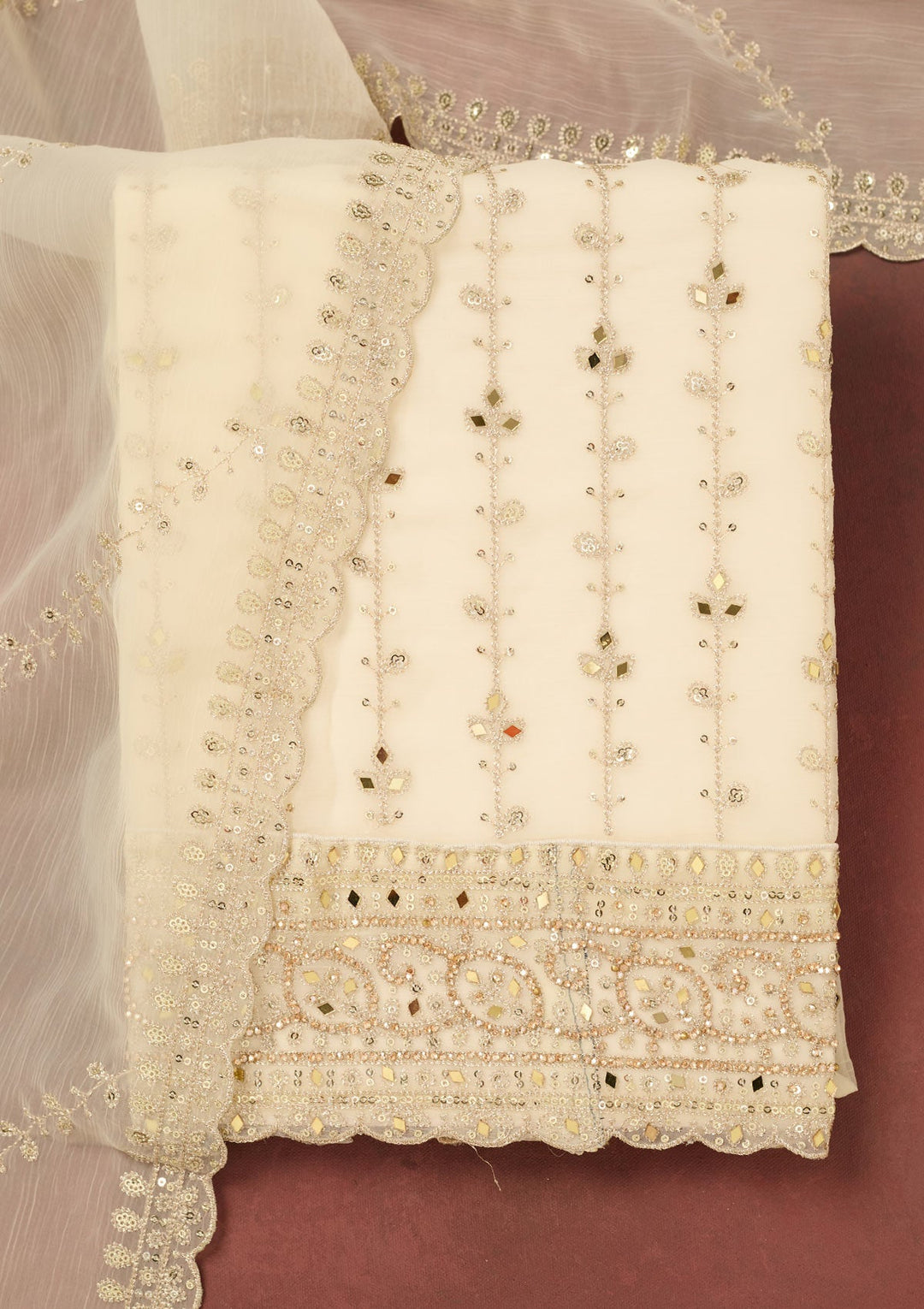 Cream Zariwork (Gold) Chinon Unstitched Salwar Suit-Koskii