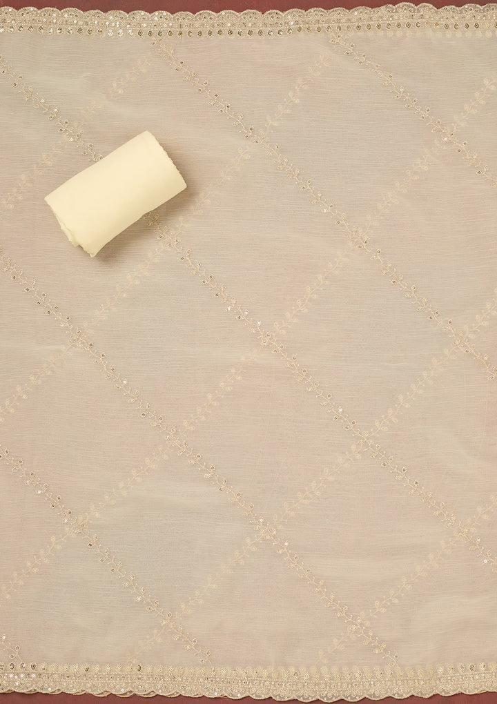 Cream Zariwork (Gold) Chinon Unstitched Salwar Suit-Koskii