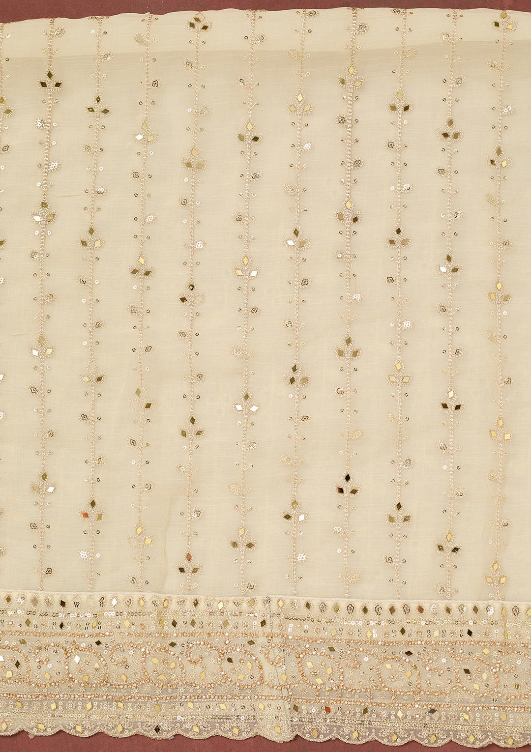 Cream Zariwork (Gold) Chinon Unstitched Salwar Suit-Koskii