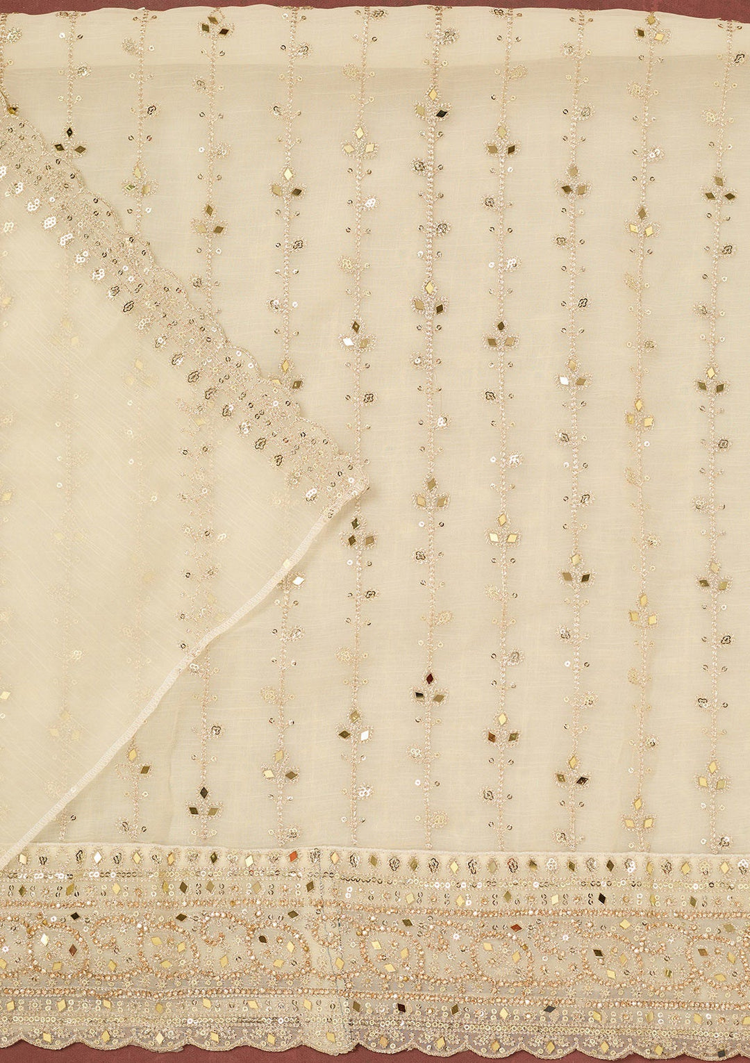 Cream Zariwork (Gold) Chinon Unstitched Salwar Suit-Koskii