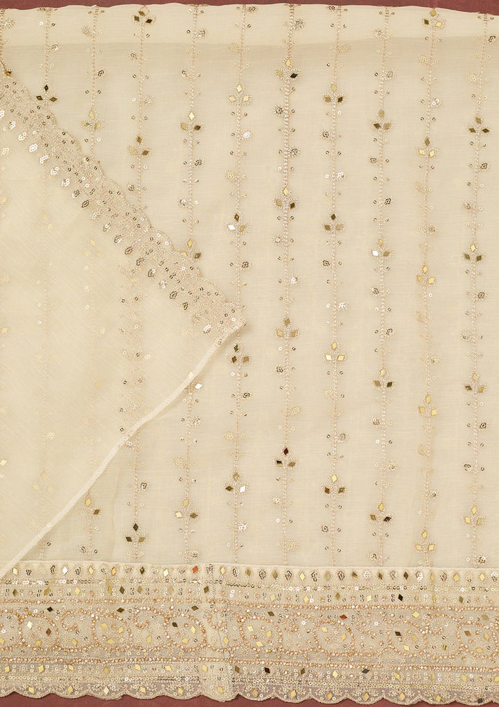 Cream Zariwork (Gold) Chinon Unstitched Salwar Suit-Koskii