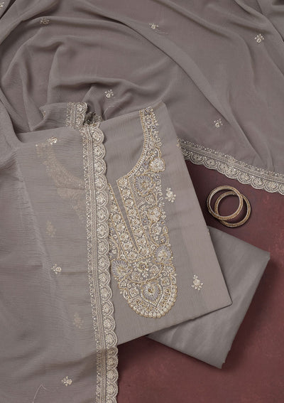 Grey Zariwork (Gold) Chinon Unstitched Salwar Suit-Koskii