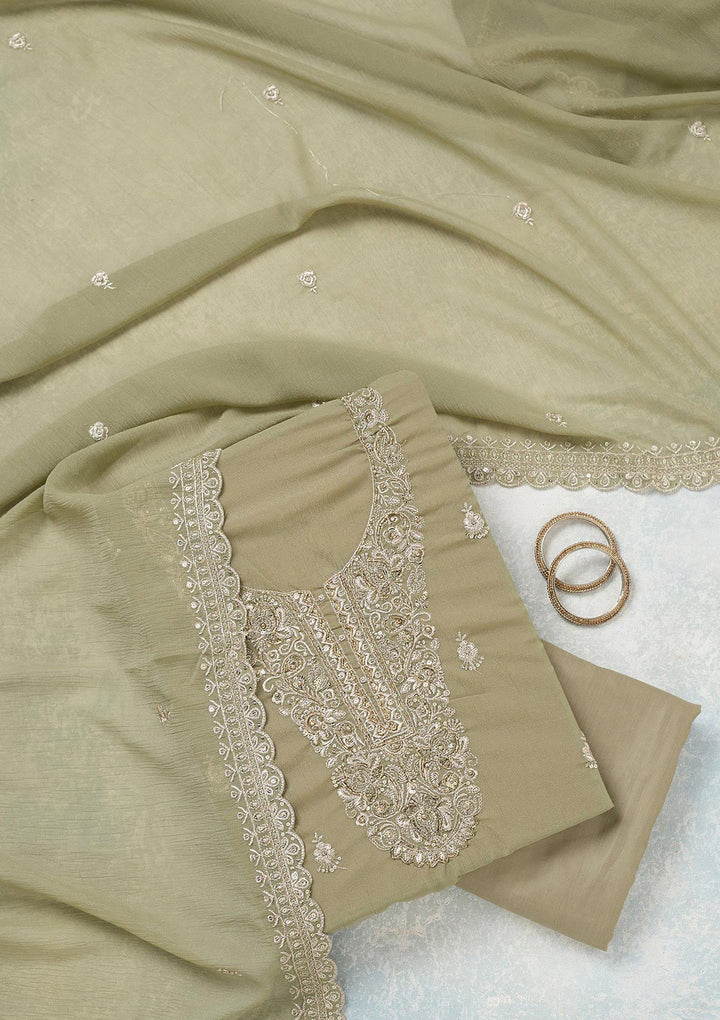 Pista Green Zariwork (Gold) Chinon Unstitched Salwar Suit-koskii
