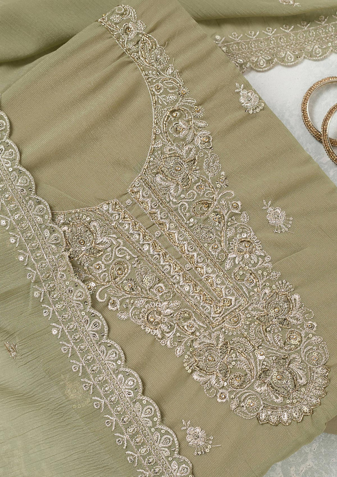 Pista Green Zariwork (Gold) Chinon Unstitched Salwar Suit