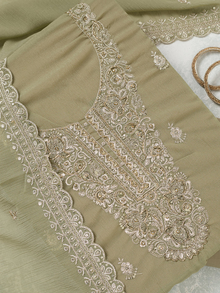 Pista Green Zariwork (Gold) Chinon Unstitched Salwar Suit