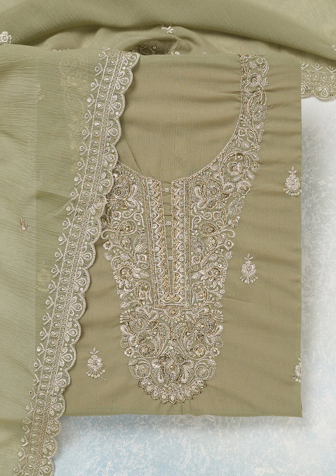 Pista Green Zariwork (Gold) Chinon Unstitched Salwar Suit